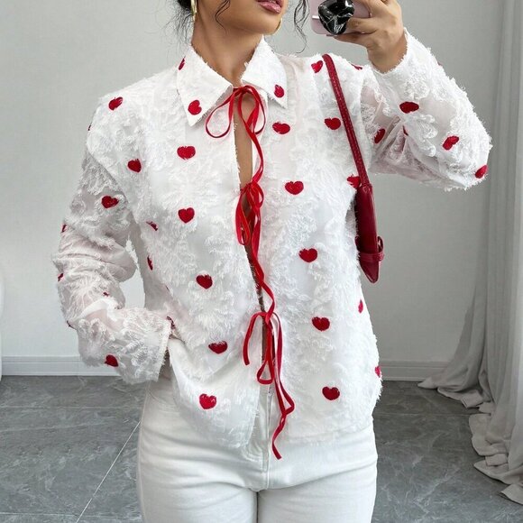 Red And White Casual Women's Contrast Heart Cut-Out Tie Up Blouse - Picture 1 of 6